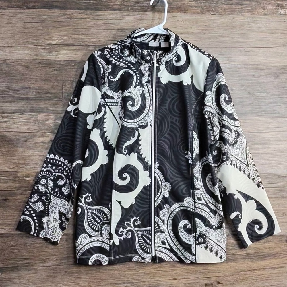 Chico's Elegant Black and Cream Bomber Jacket